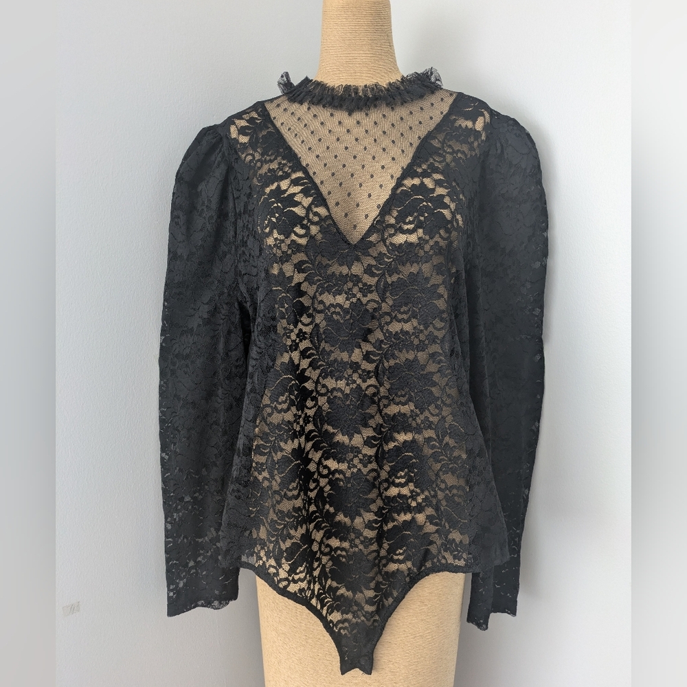 Sexy Black Lace Women's Bodysuit Blouse With Puffy Long Sleeves